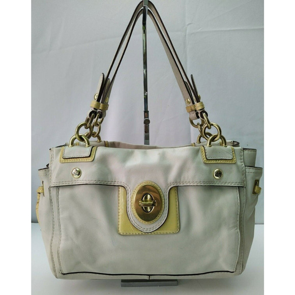 Coach Payton Ivory Leather Turnlock Pocket Double Handles Satchel Tote Bag - Picture 1 of 14